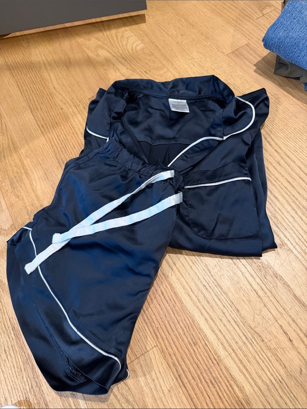 Serra Navy Satin Pajama Set with White Trim